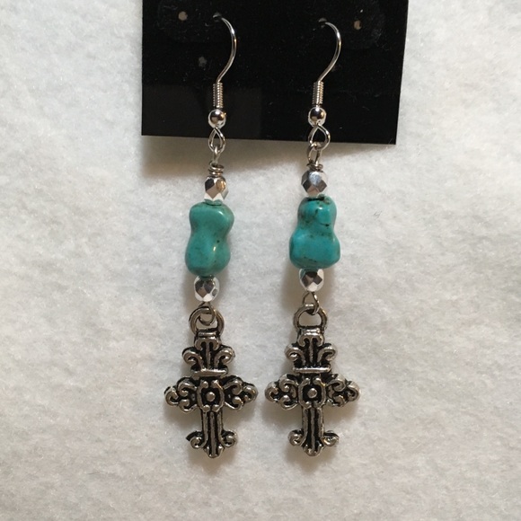 Turquoise and Silver Tone Cross Earrings