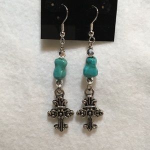 Turquoise and Silver Tone Cross Earrings