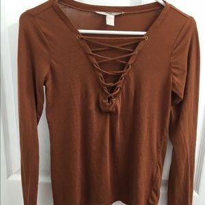 Brown Lace up front Top