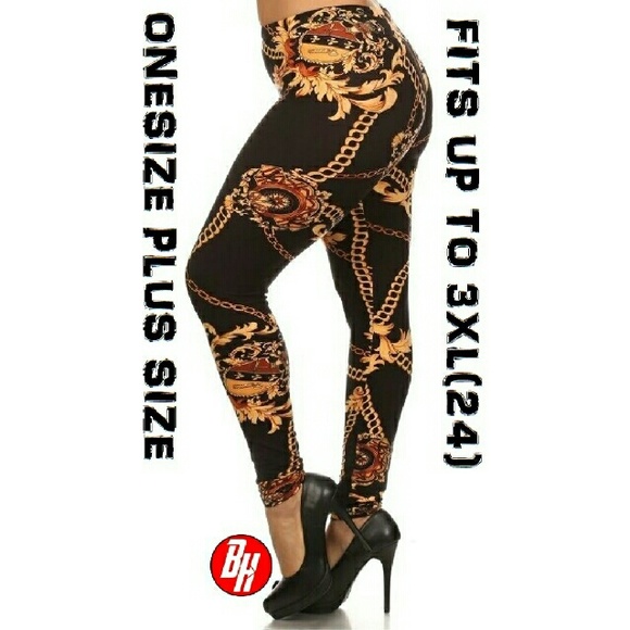 Plus Size Long Leggings Black/Gold Chain