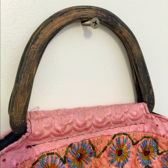 Boho Chic Embroidered Beaded Tote w/ Wooden Handle - Picture 3 of 4