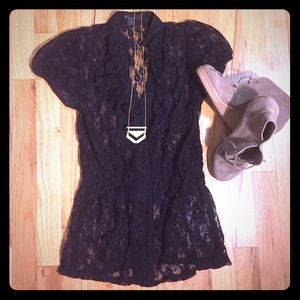 Cinched waist black lace blouse