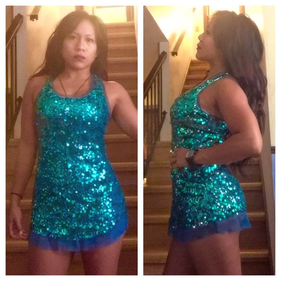 fancy sparkly sexy Teal green aqua sequin tunic - Picture 1 of 1