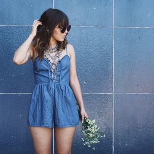 Denim Lace-Up Romper