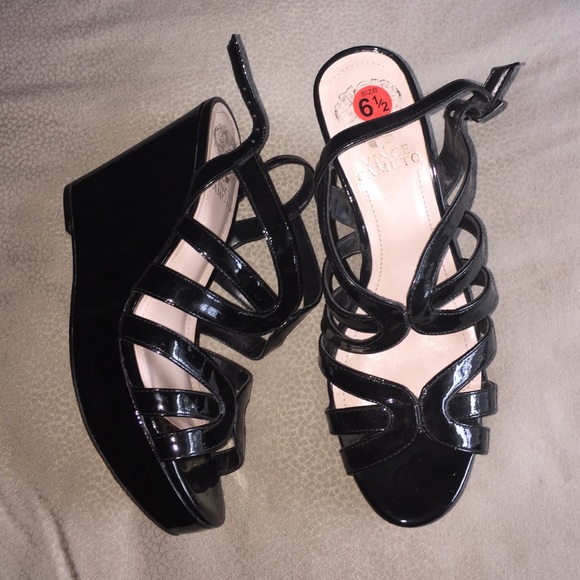 Vince Camuto strappy wedges black patent leather