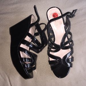 Vince Camuto strappy wedges black patent leather