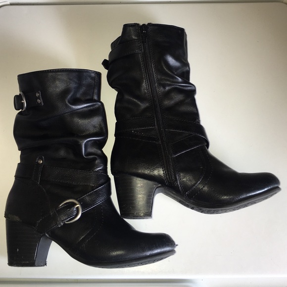 Black Baggy Buckle Heeled Boots
