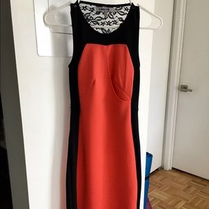 Pink and black, lace backed, mid length dress