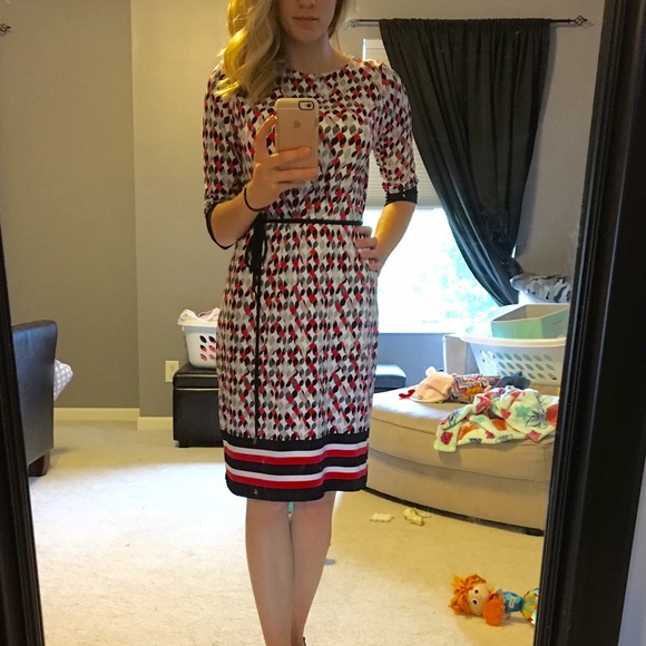 Black, white, and coral pattern dress