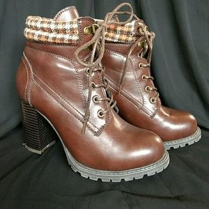 Brown heeled lace up boots