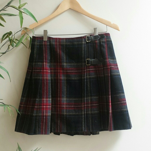 Vintage plaid pleated wool mini skirt