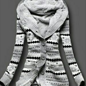 Women Casual Fleece Print Hooded Cardigan