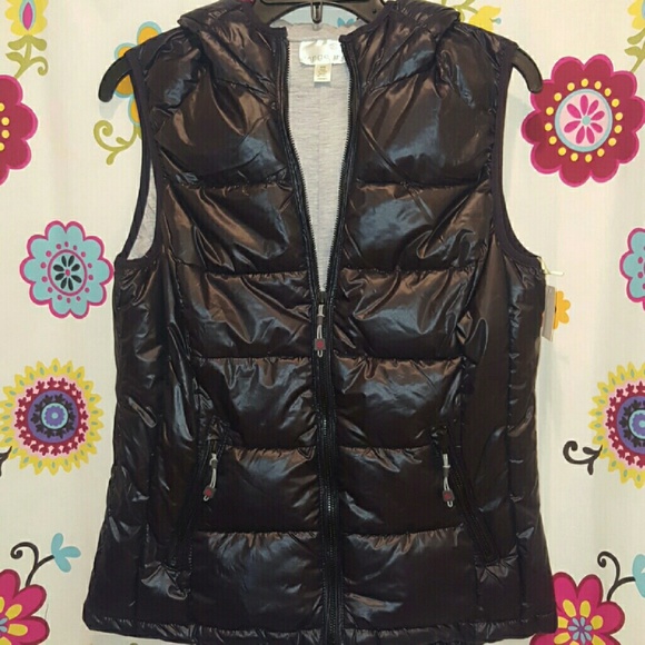 Brand New Black Puffer Vest w/ hood & gray lining!