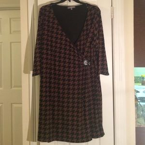 Black and brown houndstooth faux wrap dress