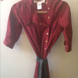 Red silk dress with gray tie