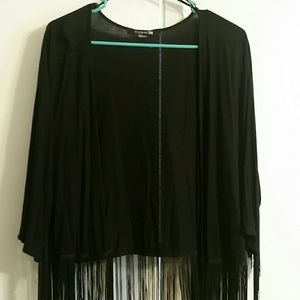 Fringe short open front kimono cardigan black