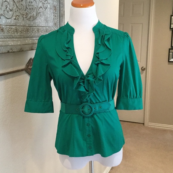Bebe ruffle button down belted blouse