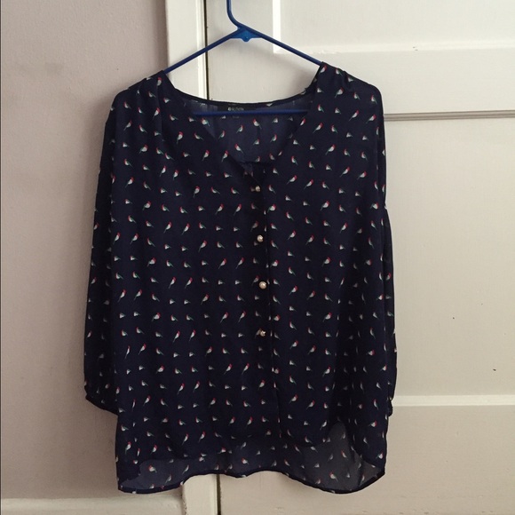 bird patterned sheer button down top