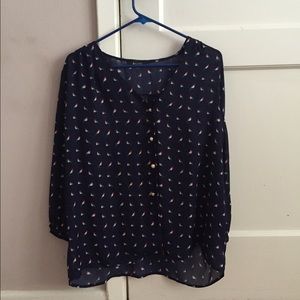 bird patterned sheer button down top