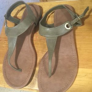 Olive green and tan flats