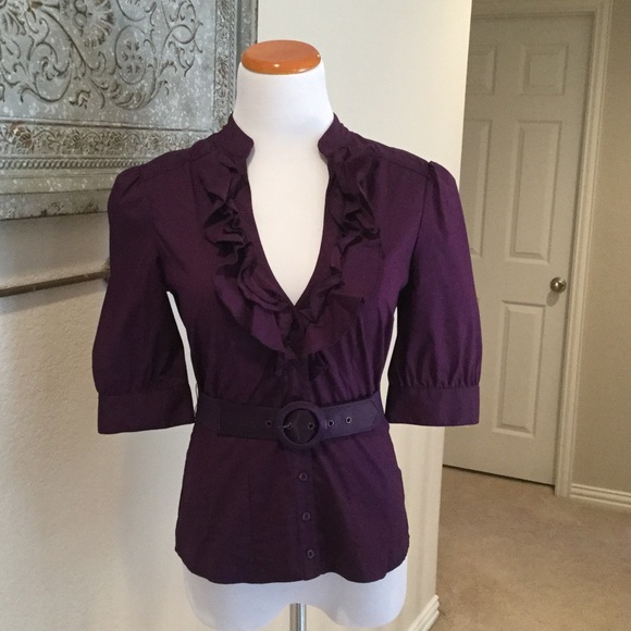Bebe ruffle button down belted blouse