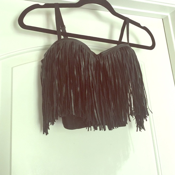 Tops - Black faux leather fringe crop top push up corset