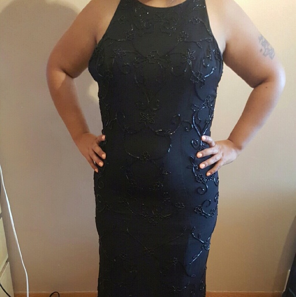 Black, Long, silk, beaded dress