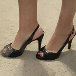 WHBM Black patent snakesin heels