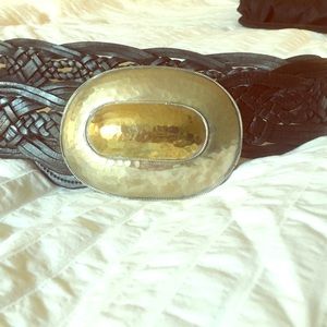 Twisted leather belt with hammered buckle