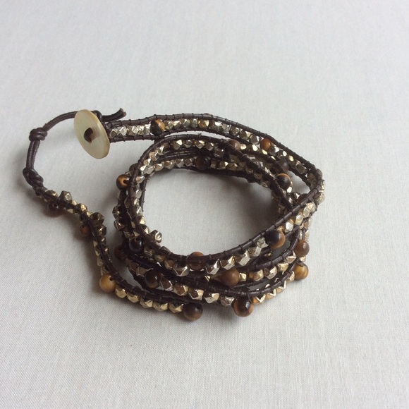 Pyrite and tiger eye leather bracelet