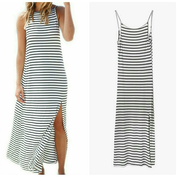 Black White Striped Open Back Sleeveless Slit Maxi - Picture 2 of 2