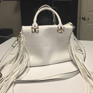 One of a kind white vegan leather fringe purse