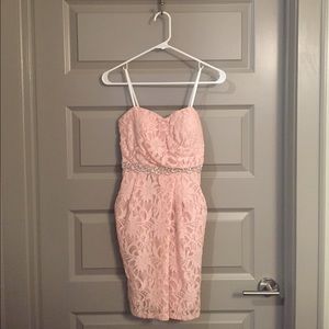 David's Bridal Strapless Lacey Dress in Rose