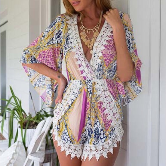 Crochet colorful print romper size S/XS