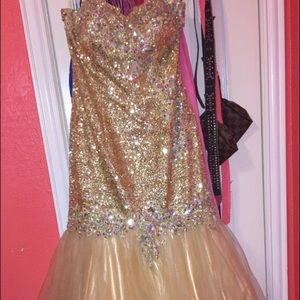 Gold sequin sweetheart neckline prom dress