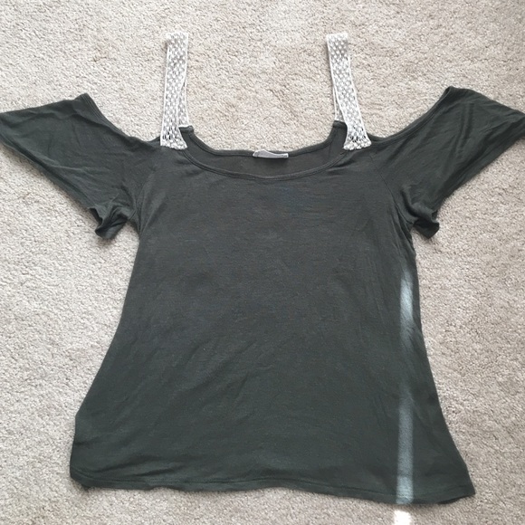 olive green and cream off the shoulder shirt