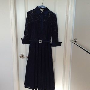 Eliza J Belted Lace and Taffeta Point Collar Midi