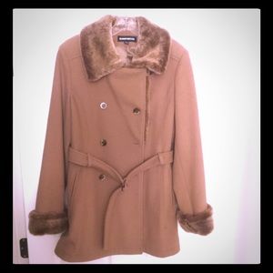 Camel color fur trimmed belted coat