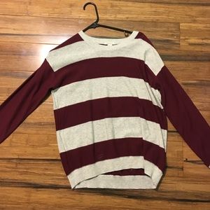 maroon and grey striped sweater