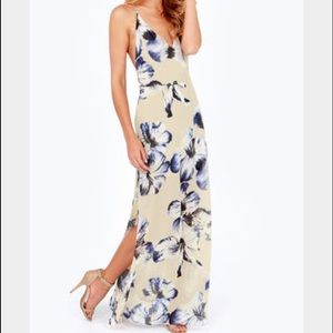 Lulus at long last beige floral print maxi dress