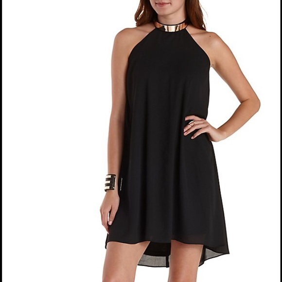 Gold-Banded Halter Shift Dress