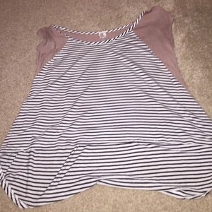 black and white stripped top with beige sleeves