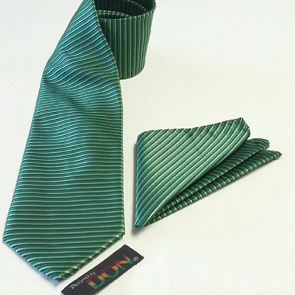 Green Horizontal Stripe 100% Necktie Set DHS220 - Picture 3 of 3