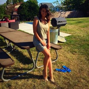 Dark and light green dress.