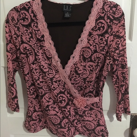 Inc brown and pink cross-front shirt