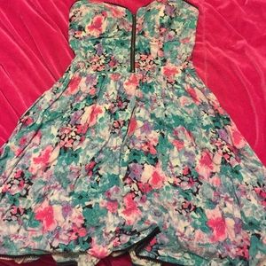 Pink & green material girl floral strapless dress