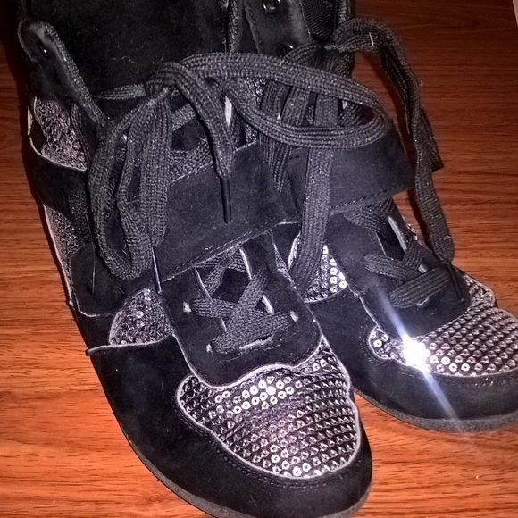Black Sequined Wedge Sneakers