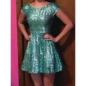 Aqua Sequin Cap Sleeve Party Dress