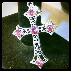 Sterling silver cross pendant, with pink rhineston