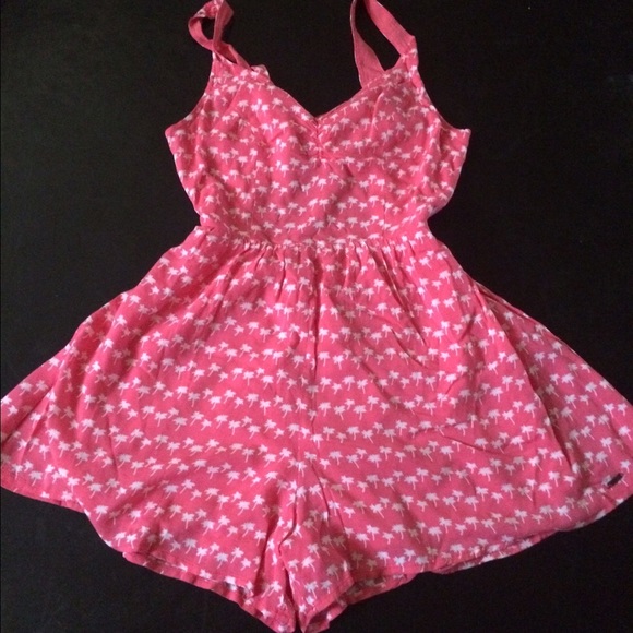 Hollister Pink + White Palm Tree Open Back Romper